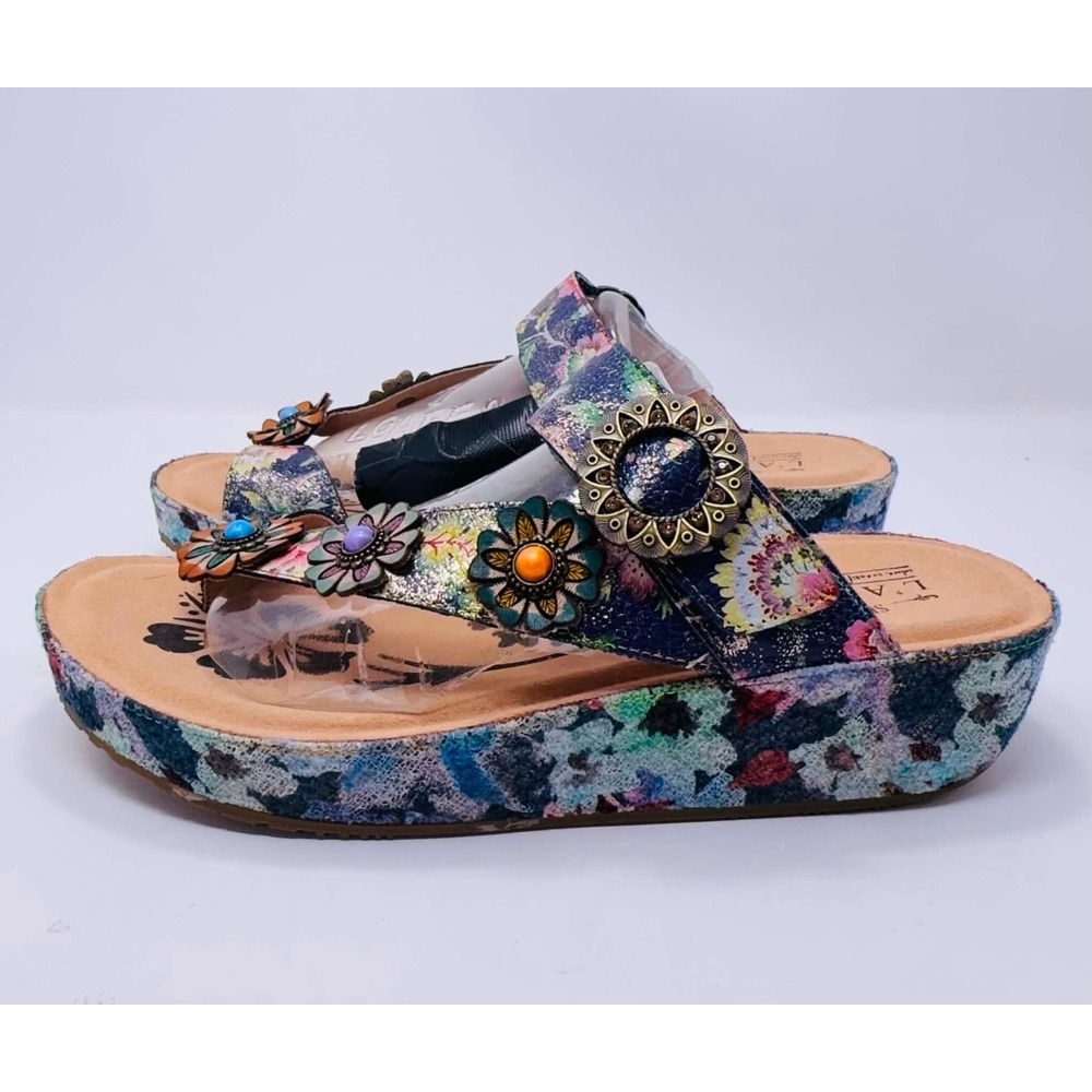 L'Artiste Spring Step Blissbloom Womens 9.5-10 Navy Multi Leather Wedge Sandals